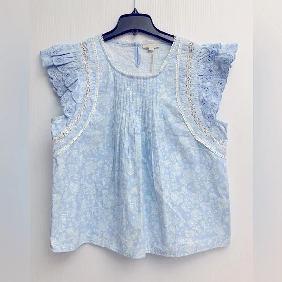 Jennifer Grace Top Size XL Women's Sophie Blue Flutter Sleeve Floral Cotton - Picture 1 of 7